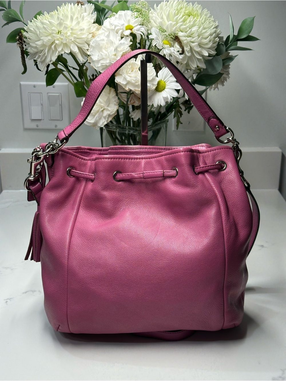 Coach Avery Fuchsia Pebbled Leather Drawstring Bucket Bag - Picture 5 of 15